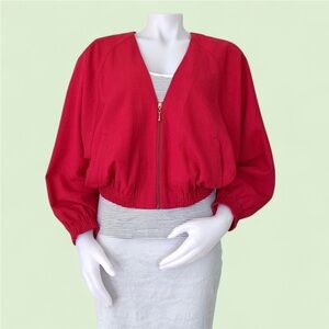 1980s oversized dolman bright red collarless long sleeve zipper jacket